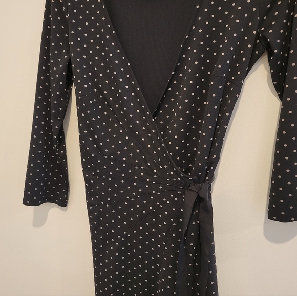 Ann Taylor Loft Black Tan Polka Dot A-Line Fit & Flare Midi Wrap Long Dress 4 - Picture 3 of 8